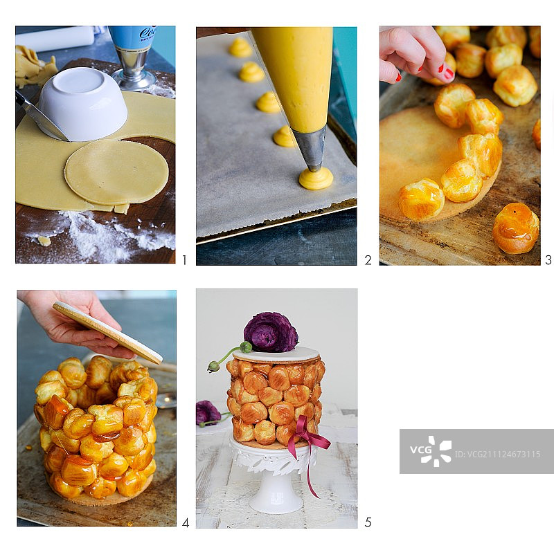 制作中的焦糖泡芙塔图片素材