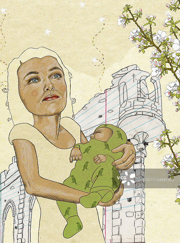 梦幻般的女人站在废墟前抱着婴儿的插图图片素材
