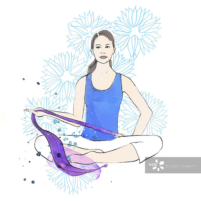穿着运动服，用阻力带做普拉提的女人，插图图片素材