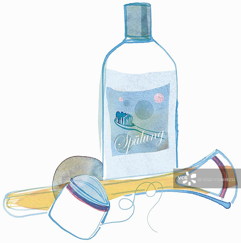 口腔清洁用具图示：牙线、刮舌器和漱口水图片素材