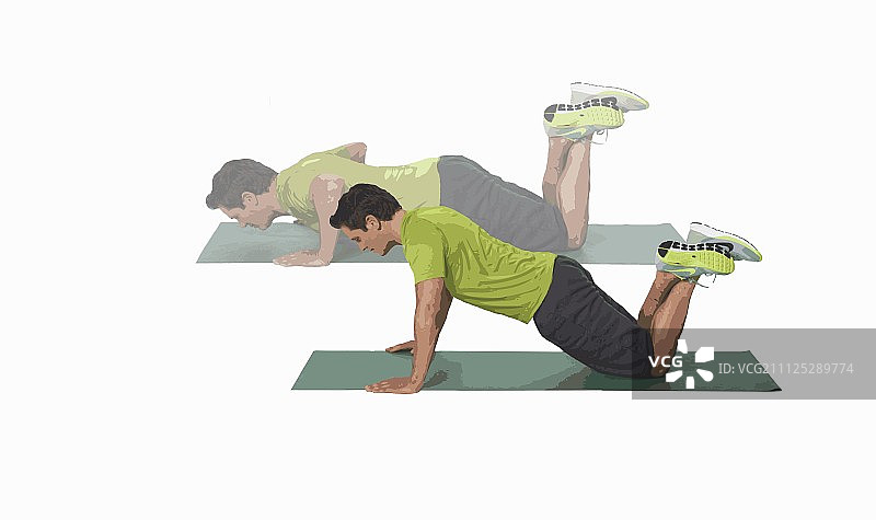 简易俯卧撑分解：第一步，将重量放在大腿上；第二步，抬起上半身图片素材