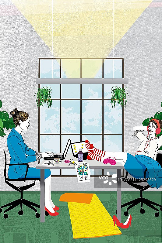 办公室休息时间：两位女士工作和放松插画图片素材