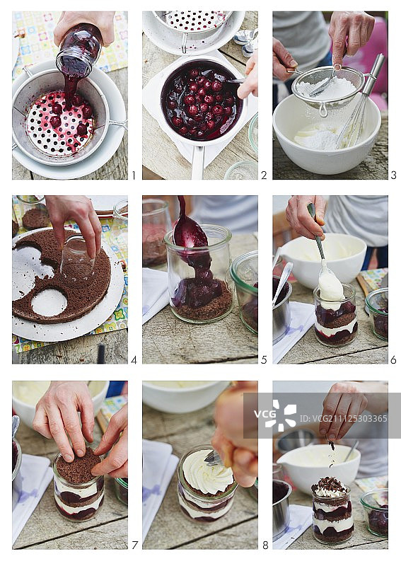 玻璃杯装黑森林蛋糕制作图片素材