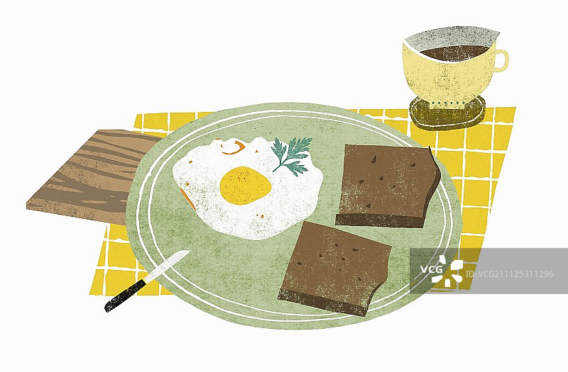 早餐：咖啡、全麦面包和煎蛋（插画）图片素材