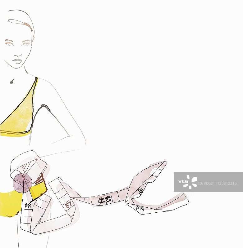 穿着内衣拿着卷尺的女人（插画）图片素材