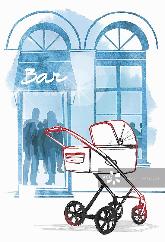 酒吧外的婴儿车（插画）图片素材