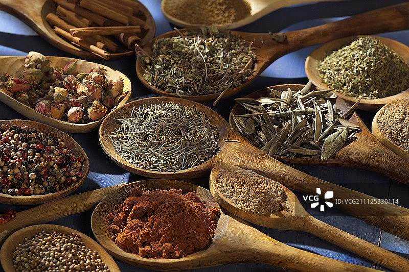 木勺中的精选香料图片素材