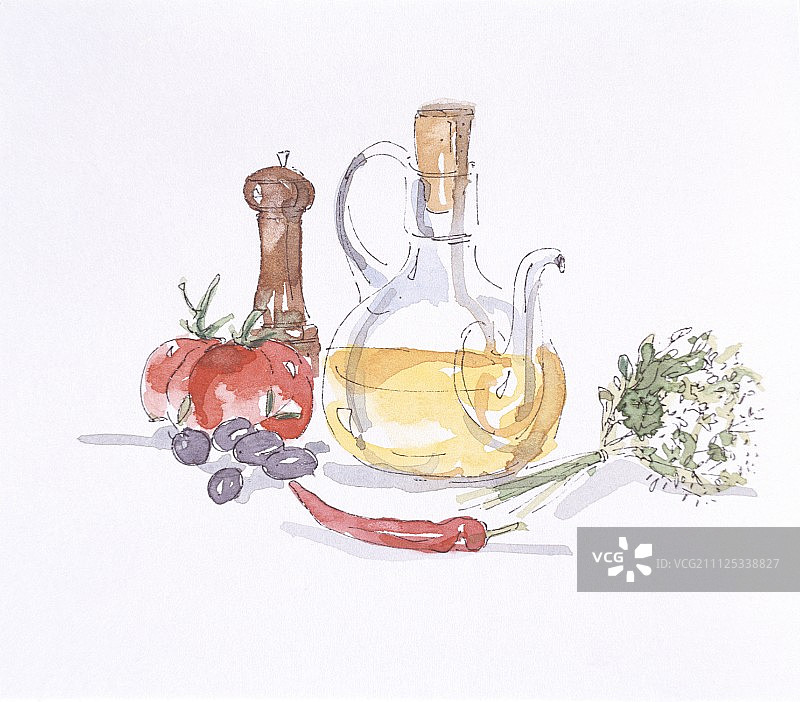 橄榄油与混合香草束图片素材