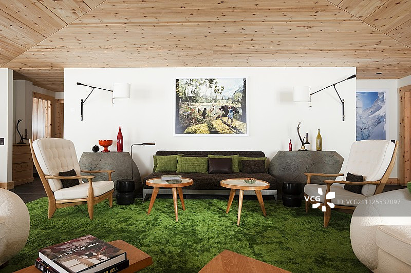 50年代风格扶手椅边桌，搭配绿色地毯和木质天花板内景图片素材
