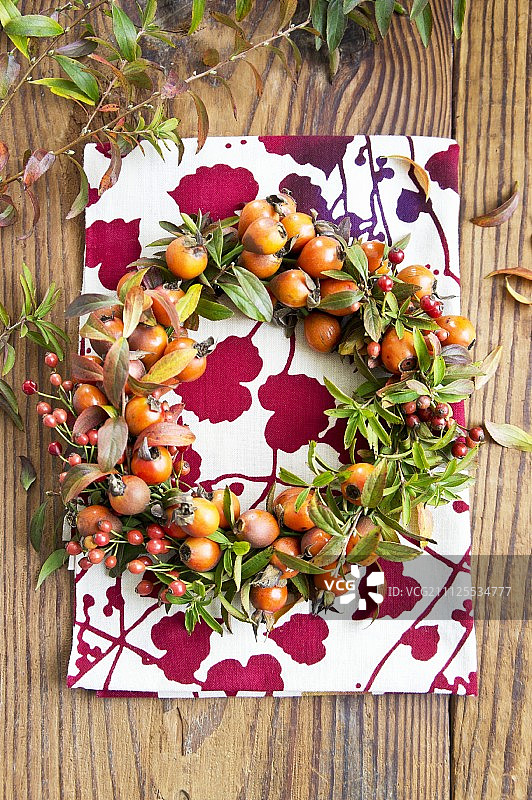 玫瑰果与绣线菊叶枝花环，秋季色彩图片素材