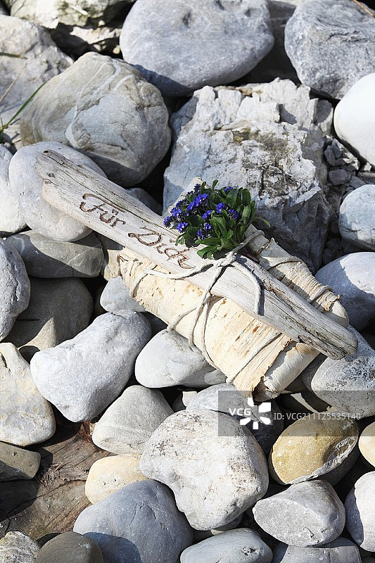用浮木和勿忘我装饰的精美礼品，在卵石滩上图片素材
