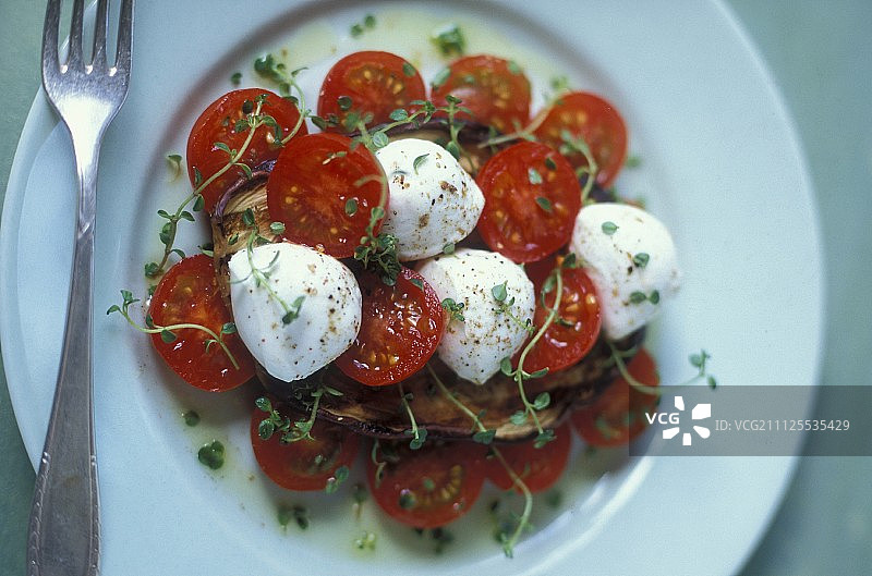 番茄和马苏里拉沙拉配烤茄子图片素材