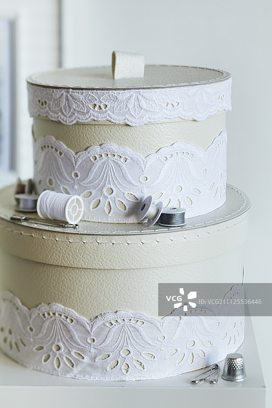 白色蕾丝装饰的缝纫工具圆形收纳盒图片素材