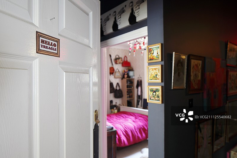 带有白色镶板门和黑暗走廊图片墙的女性化卧室内部景象图片素材