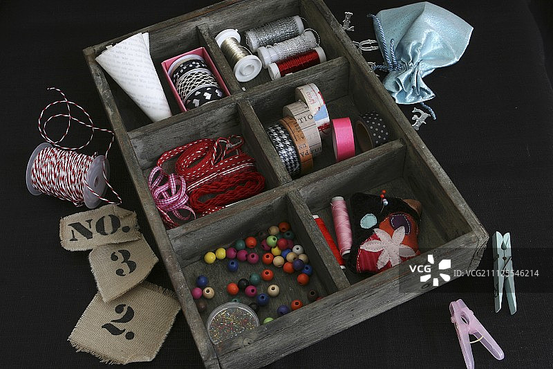 复古木盒中的手工装饰和缝纫用具图片素材