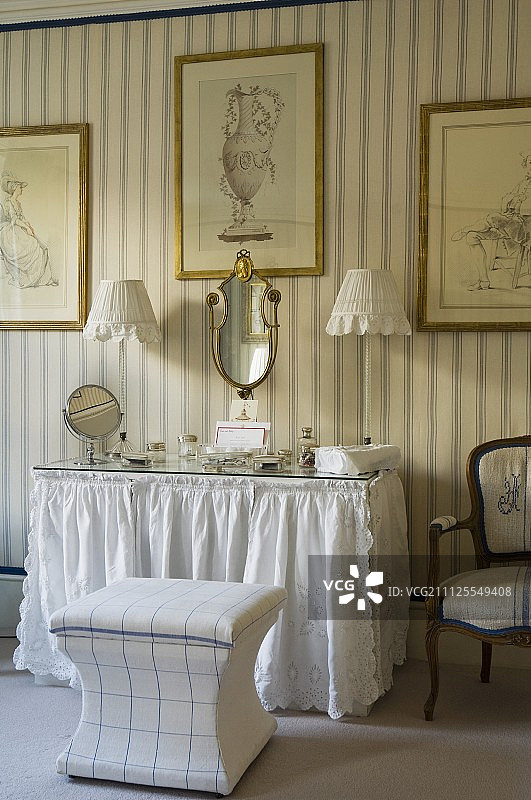 梳妆台上带玻璃台面和蕾丝花边的镜子和罐子，条纹墙纸上有古董画作图片素材