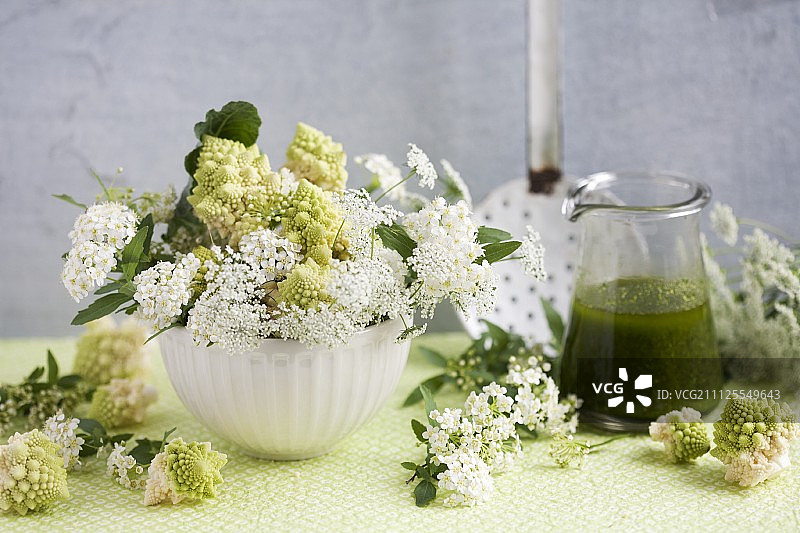 花椰菜、绣线菊和雪维菜的排列图片素材