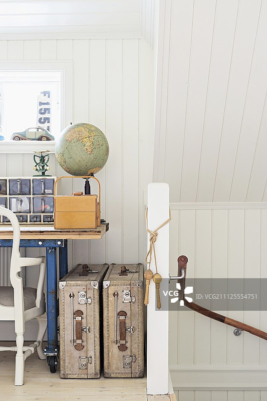 白色木质的开放式阁楼房间，配有书桌和复古手提箱图片素材