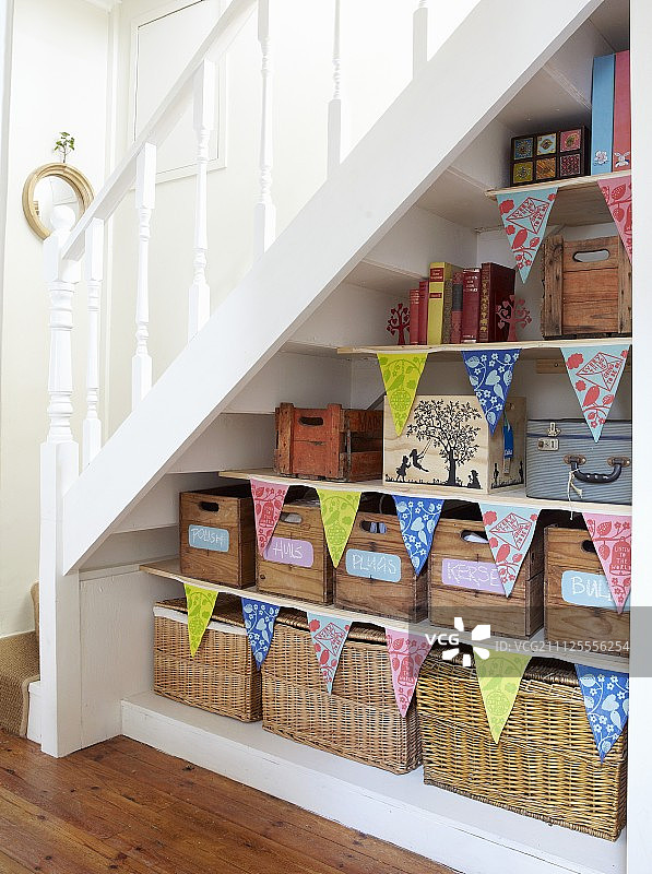 楼梯下方的储物架，饰有彩旗图片素材