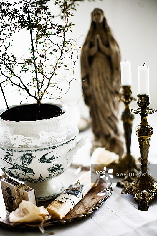 彩绘瓷盆中的室内植物和圣母像前的古董烛台图片素材