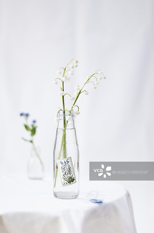 用勿忘我邮票装饰的小汽水瓶里的铃兰花图片素材