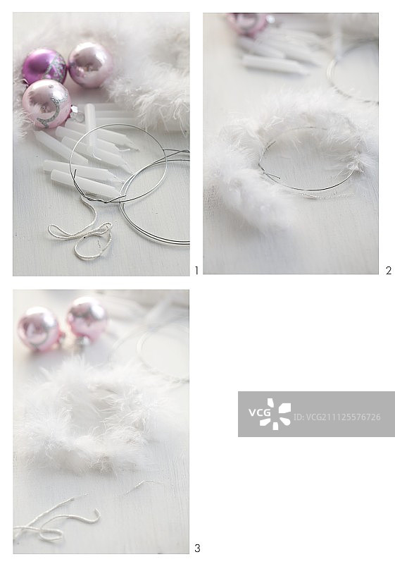 系一个节日花环，用羽毛、蜡烛和装饰品图片素材