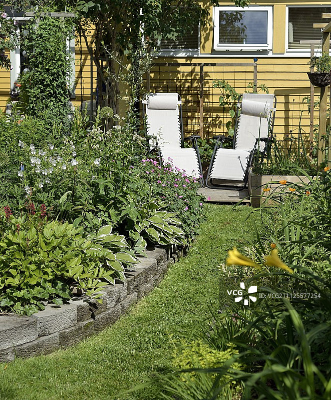 夏季花园中带石头围栏的抬升花坛图片素材