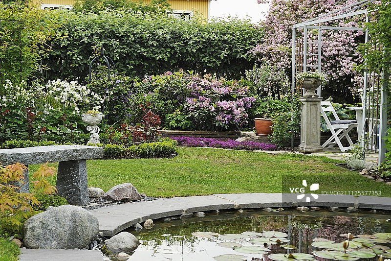 夏季花园中的圆形睡莲池图片素材