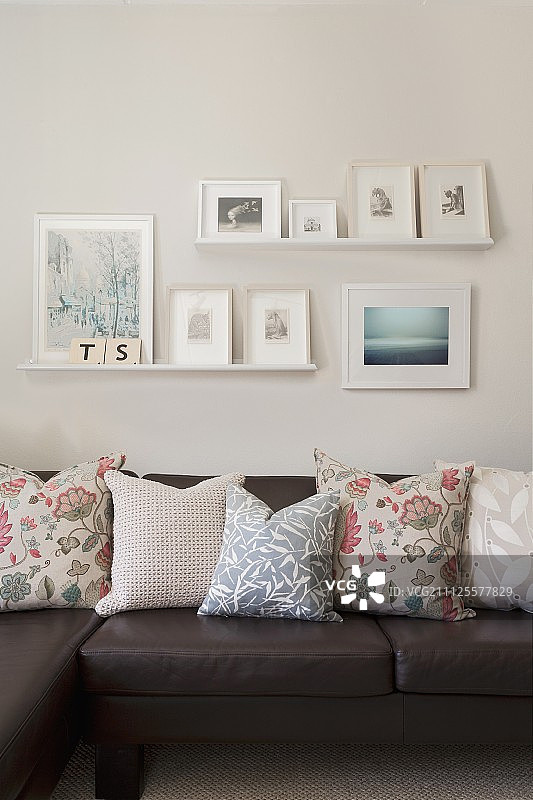 深棕色皮沙发上的花卉靠垫和墙上淡雅色调的图片图片素材