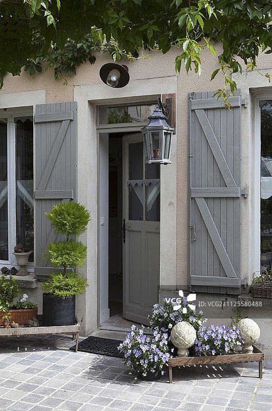 修复后的乡村别墅外，复古花架上的开花三色堇图片素材