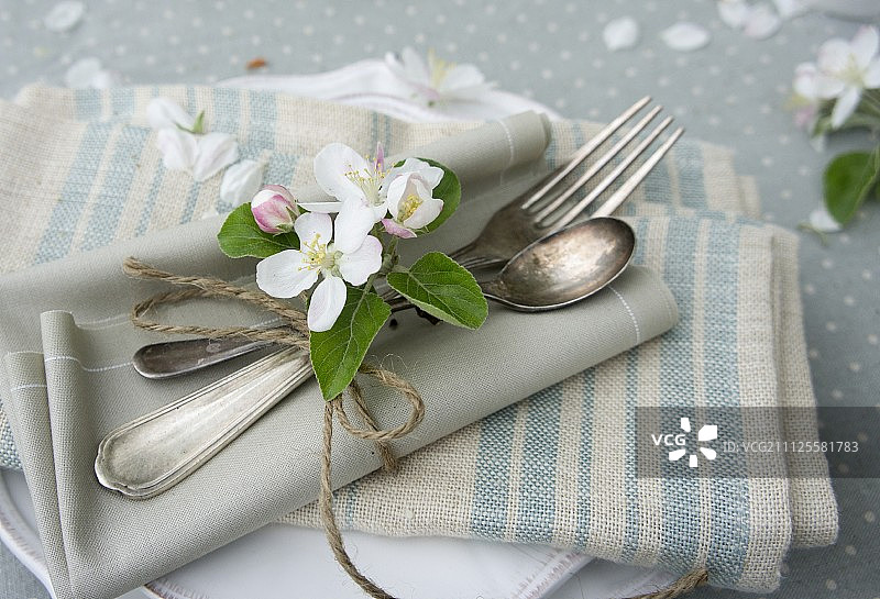 苹果花和餐巾餐位布置图片素材