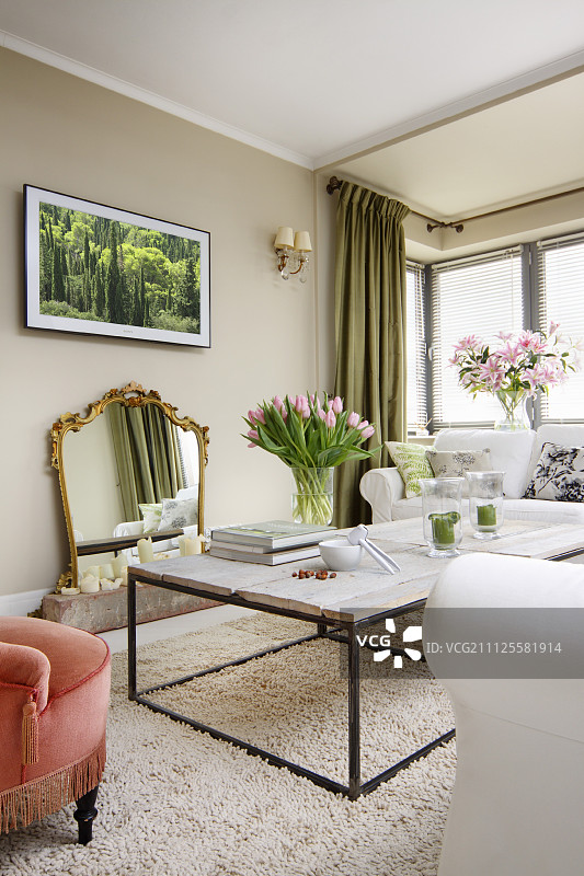 经典客厅：带质朴木质台面的精致咖啡桌、长绒地毯、花瓶和镀金镜子图片素材