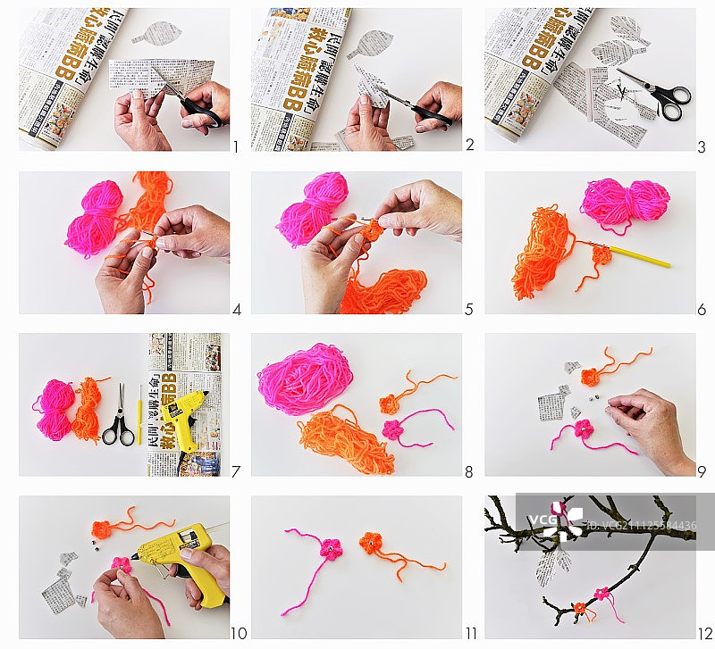 用霓虹灯毛线钩织花朵，用报纸制作叶子图片素材