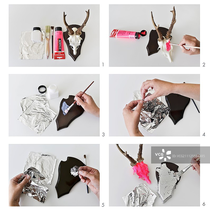 用霓虹丙烯颜料和银箔改造传统狩猎纪念品图片素材