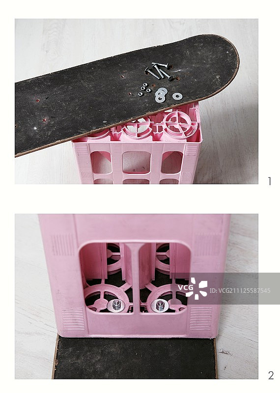 DIY：用粉色饮料箱和旧滑板制作凳子的说明图片素材