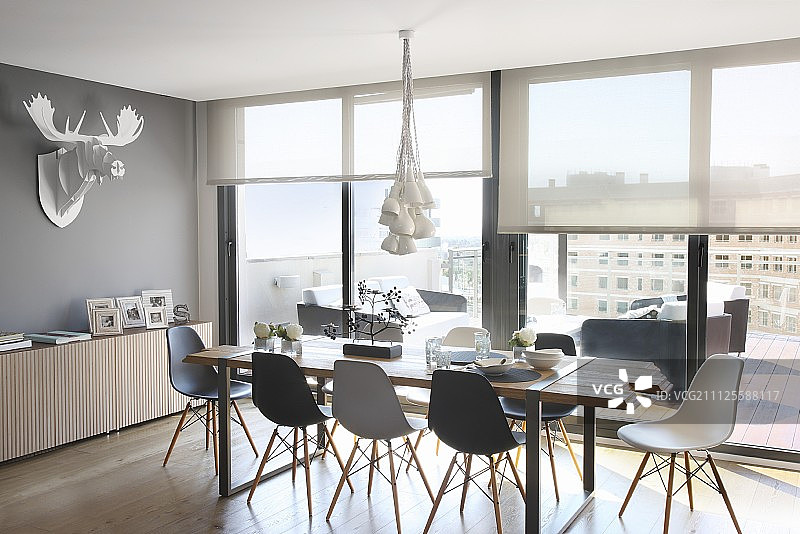 顶层公寓玻璃墙边的伊姆斯椅餐桌；墙上有风格化的狩猎战利品图片素材