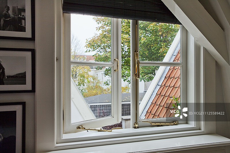 阁楼山墙上的黄铜格子窗户，可欣赏屋顶和树木图片素材