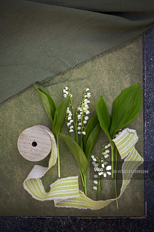 铃兰花、叶子和织物丝带图片素材