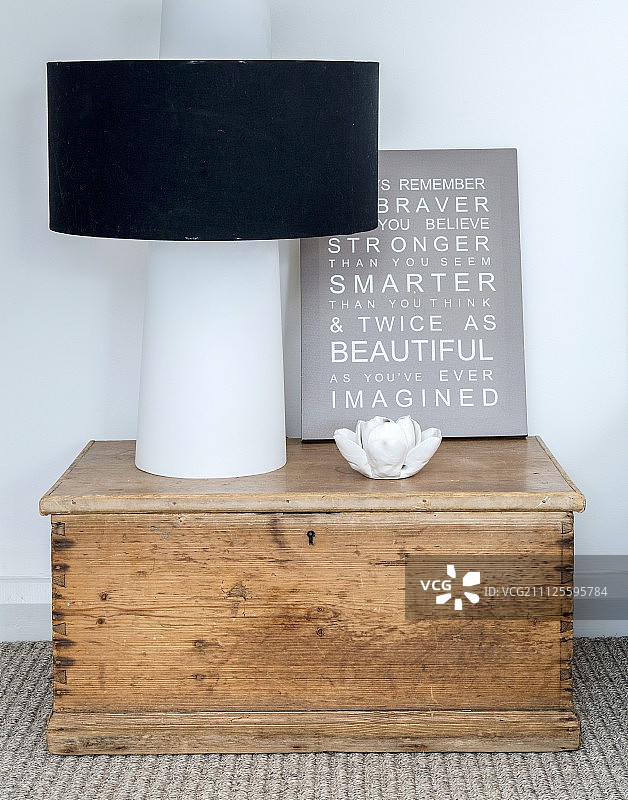 复古木箱上的现代灯具和座右铭画作图片素材
