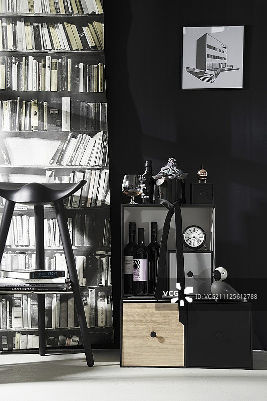 带饮料柜、凳子和书柜照片壁画的单色内饰图片素材