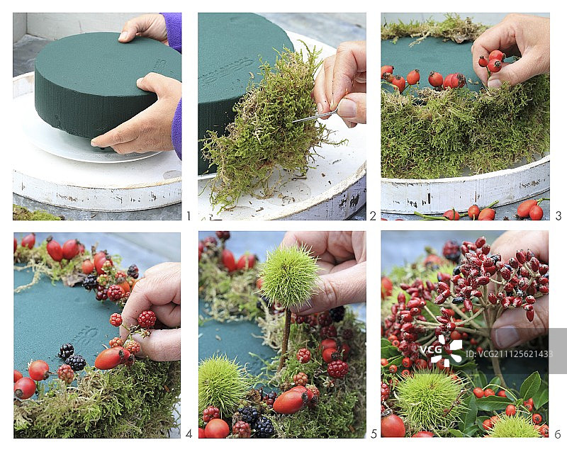 用苔藓、浆果和甜栗制作装饰性蛋糕形喂鸟器图片素材