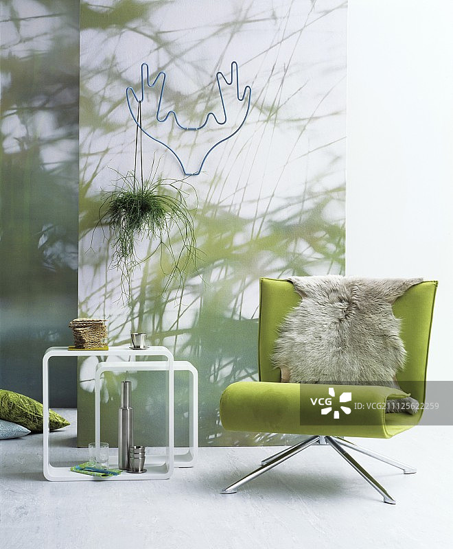 照片墙前绿色扶手椅上的毛皮毯子图片素材