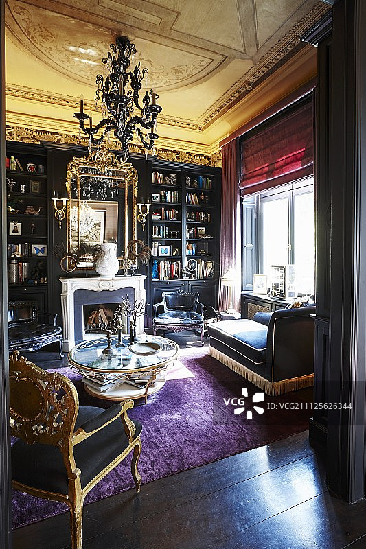 图书馆内燃着的壁炉和古董家具图片素材