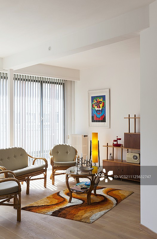 复古客厅中的藤制家具和图案地毯图片素材