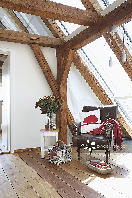 阁楼改造舒适阅读角中的红色毛毡刺猬图案皮革扶手椅和靠垫图片素材