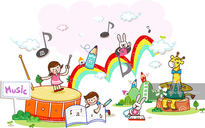 孩子们和动物一起学习的插画图片素材