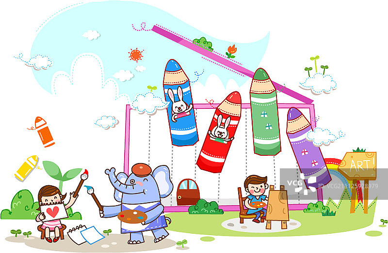 孩子们和动物一起学习的插画图片素材