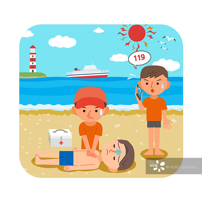 救生员对男子进行心肺复苏并呼叫救护车图片素材