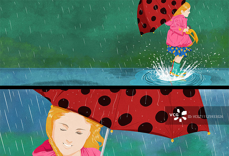穿雨靴的女孩在雨中跳跃图片素材
