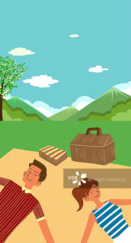 一对情侣在野餐垫上图片素材